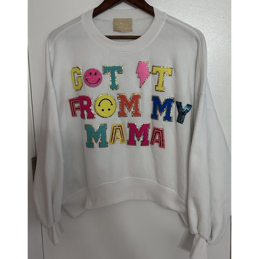 Judith March Sweatshirt Size Small White Cropped Fuzzy Letters Got It From Mama